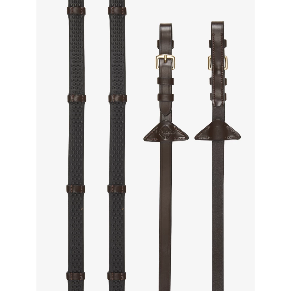 LeMieux Soft Rubber Reins with Stoppers  - Havana/Brass in Havana/Brass