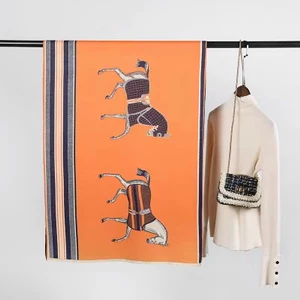 The Equine Warehouse Horse Print Cashmere Silk Scarf for Women - Luxury Pashmina Shawl, Warm Double-Sided Winter Wrap - Orange/Beige/Navy in Orange