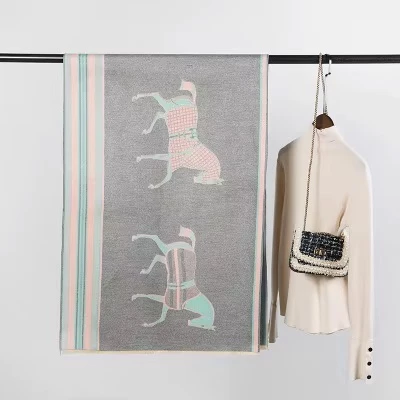 The Equine Warehouse Horse Print Cashmere Silk Scarf for Women - Luxury Pashmina Shawl, Warm Double-Sided Winter Wrap - Grey/Teal/Pink in Grey/Teal