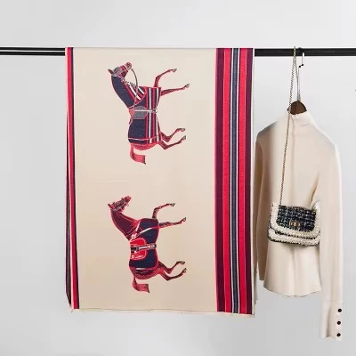 The Equine Warehouse Horse Print Cashmere Silk Scarf for Women - Luxury Pashmina Shawl, Warm Double-Sided Winter Wrap - Red/Navy/Cream in Red/Navy