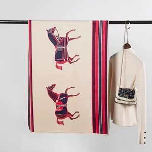 The Equine Warehouse Horse Print Cashmere Silk Scarf for Women - Luxury Pashmina Shawl, Warm Double-Sided Winter Wrap - Red/Navy/Cream in Red/Navy