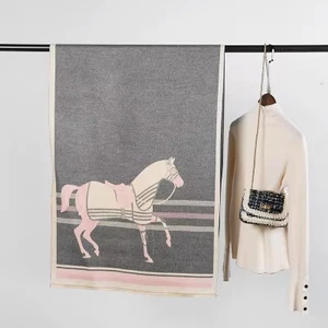 The Equine Warehouse Horse Print Cashmere Silk Scarf for Women - Luxury Pashmina Shawl, Warm Double-Sided Winter Wrap - Grey/Pink in Grey/Pink