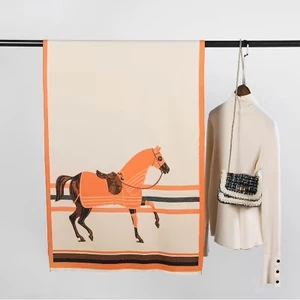 The Equine Warehouse Horse Print Cashmere Silk Scarf for Women - Luxury Pashmina Shawl, Warm Double-Sided Winter Wrap - Cream/Orange in Orange/Beige