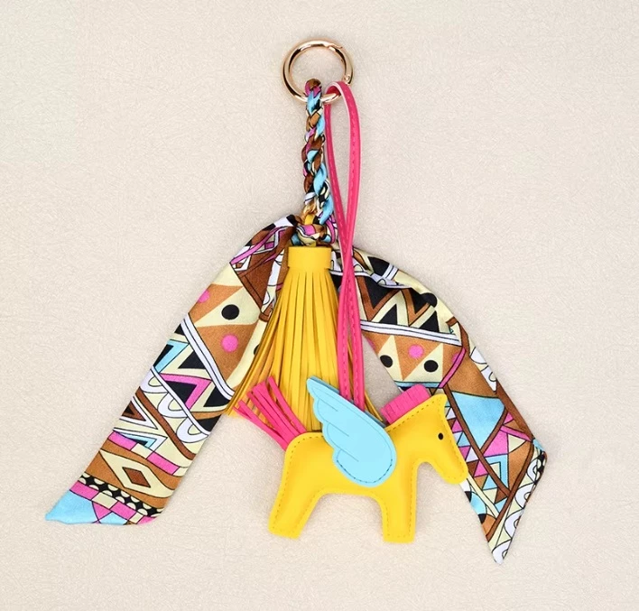 Loriner Winged Horse Bag Charm - PU Leather Pendant with Ribbon - Yellow in Yellow