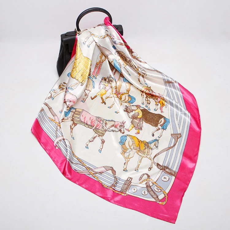 Loriner Womens Silk Horse Digital Print, Square Satin Silk Scarf - Cerise in Cerise