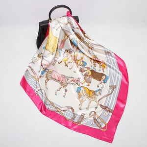 Loriner Womens Silk Horse Digital Print, Square Satin Silk Scarf - Cerise in Cerise