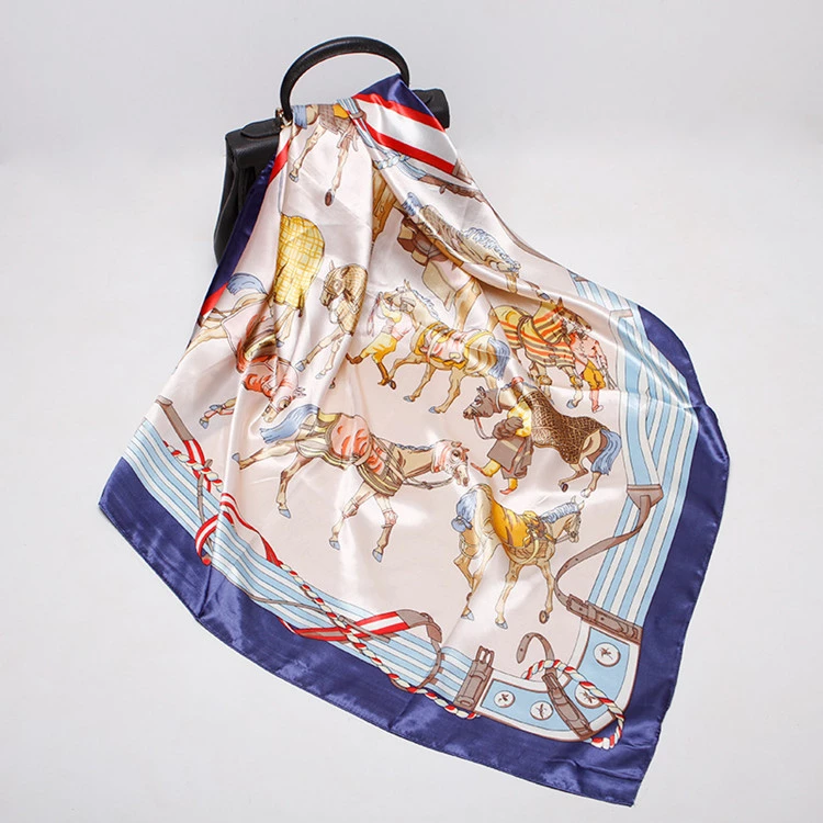 Loriner Womens Silk Horse Digital Print, Square Satin Silk Scarf - Navy in Navy