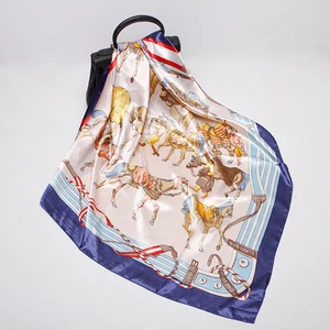 Loriner Womens Silk Horse Digital Print, Square Satin Silk Scarf - Navy in Navy