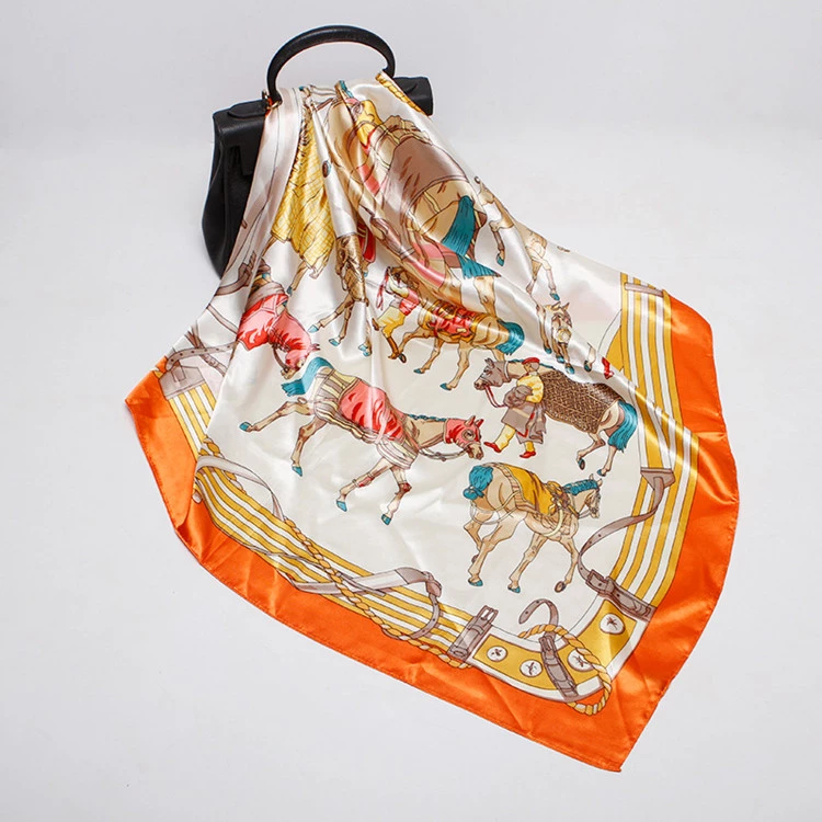 Loriner Womens Silk Horse Digital Print, Square Satin Silk Scarf - Orange in Orange