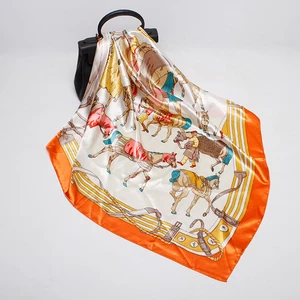 Loriner Womens Silk Horse Digital Print, Square Satin Silk Scarf - Orange in Orange