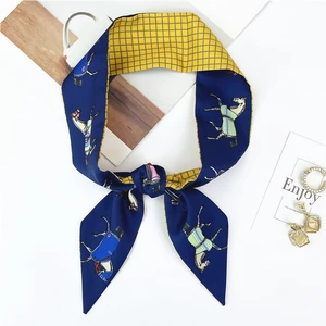 Loriner Luxury Double-Sided Twill Silk Ribbon Designer Horse Print - Navy/Check in Navy/Check