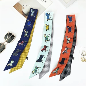 Loriner Luxury Double-Sided Twill Silk Ribbon Designer Horse Print - Blue/Check 