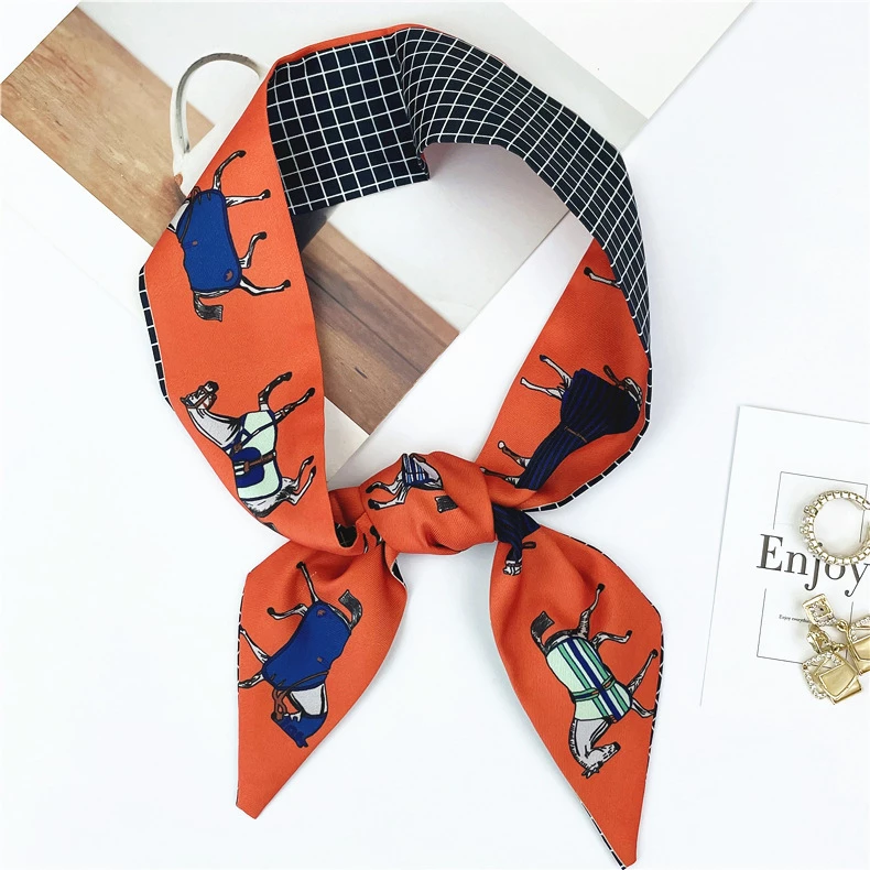 Loriner Luxury Double-Sided Twill Silk Ribbon Designer Horse Print - Orange/Check in Orange/Check