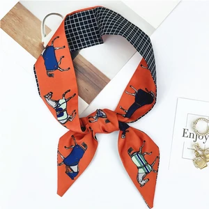 Loriner Luxury Double-Sided Twill Silk Ribbon Designer Horse Print - Orange/Check in Orange/Check