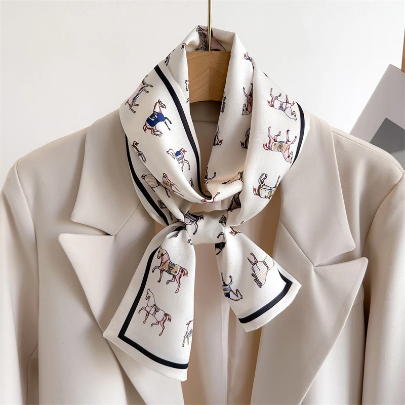 Loriner Luxury Horse Printed Silk Scarf, Womens Neck Tie, Hair Wrap & Headscarf - Cream in Cream