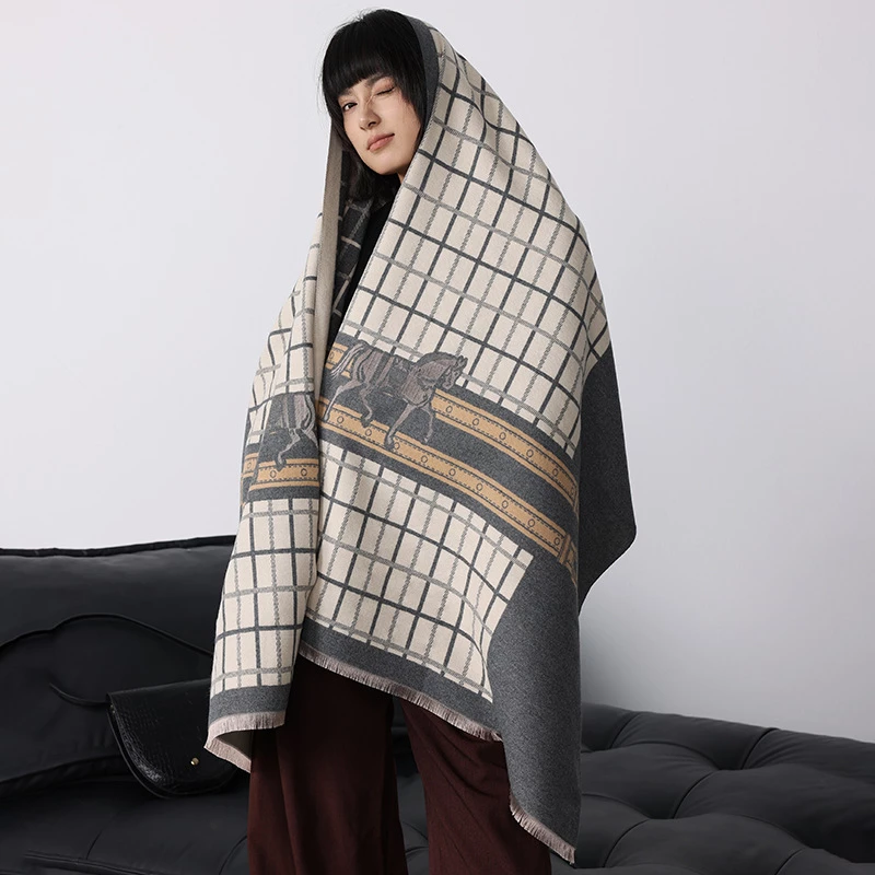 Loriner Luxury Horse Pattern Cashmere Scarf, Womens Designer Equestrian Jacquard Pashmina - Grey in Grey