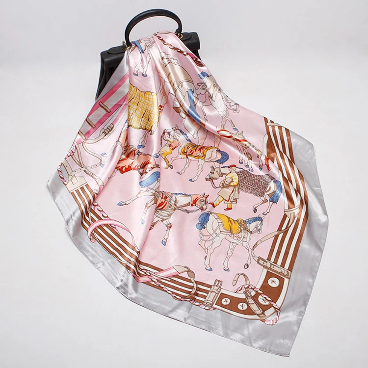 Loriner Womens Silk Horse Digital Print, Square Satin Silk Scarf - Pink in Pink