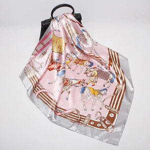 Loriner Womens Silk Horse Digital Print, Square Satin Silk Scarf - Pink in Pink