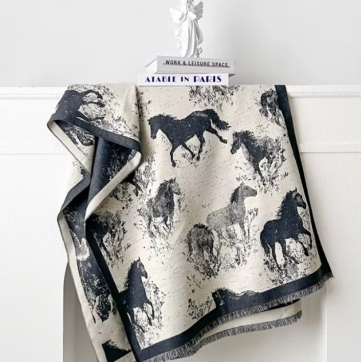 Loriner Double-Sided pashmina -  Horse Pattern Tassel Scarf Warm Imitation Cashmere Shawl - Navy in Navy