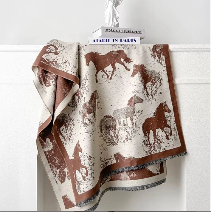 Loriner Double-Sided pashmina -  Horse Pattern Tassel Scarf Warm Imitation Cashmere Shawl - Brown in Brown