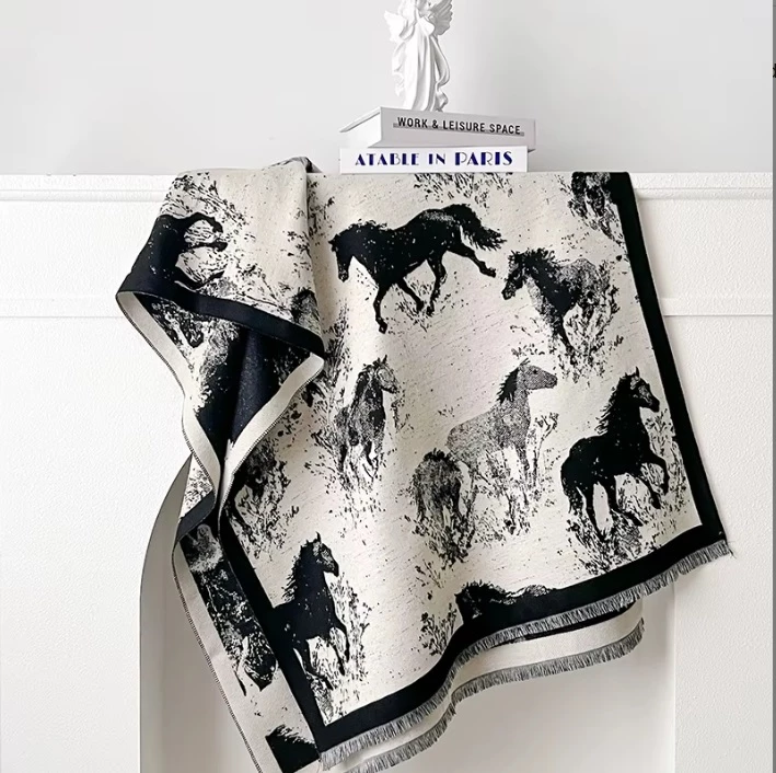Loriner Double-Sided pashmina -  Horse Pattern Tassel Scarf Warm Imitation Cashmere Shawl - Black in Black