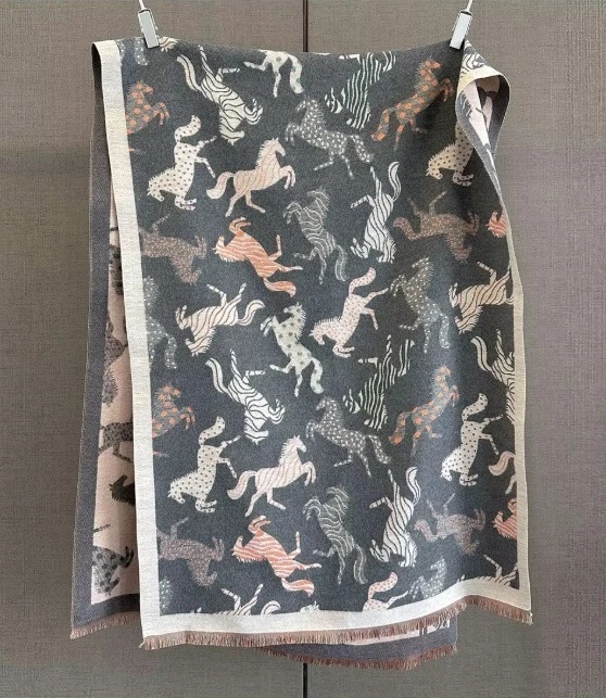 Loriner Winter Warm Double Sided Fashion Horse Pattern Cashmere Feel Scarf Pashmina for Women - Grey in Grey