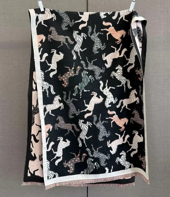 Loriner Winter Warm Double Sided Fashion Horse Pattern Cashmere Feel Scarf Pashmina for Women - Black in Black