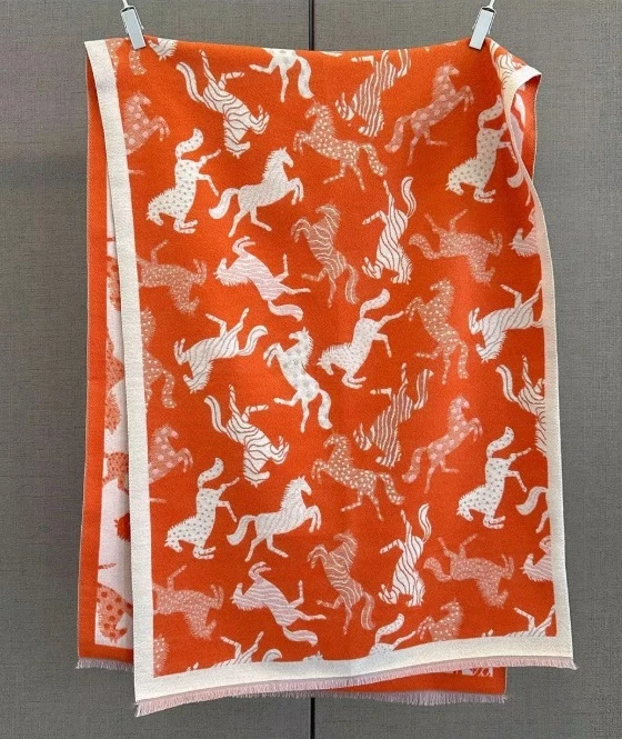 Loriner Winter Warm Double Sided Fashion Horse Pattern Cashmere Feel Scarf Pashmina for Women - Orange in Orange
