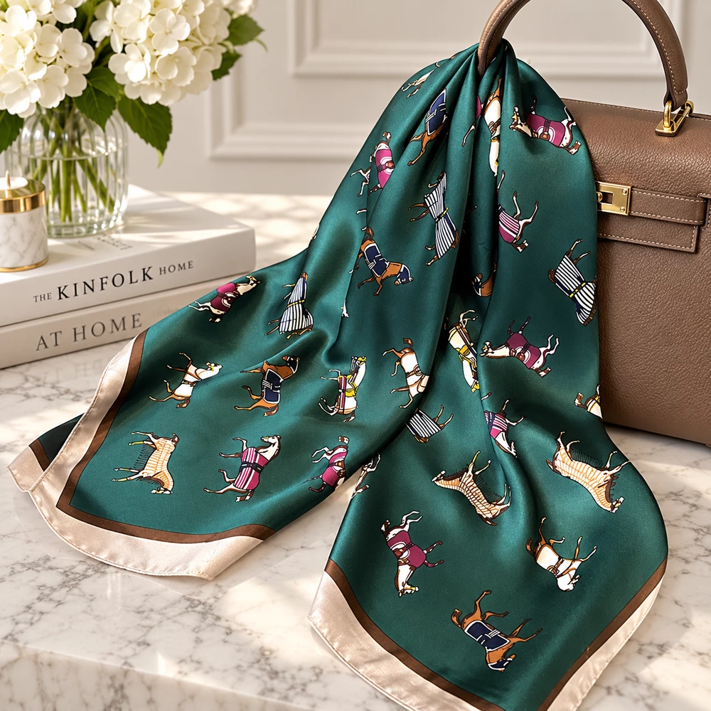 Loriner Vintage Ladies Horse Print Satin Scarf 70x70cm - Green in Green