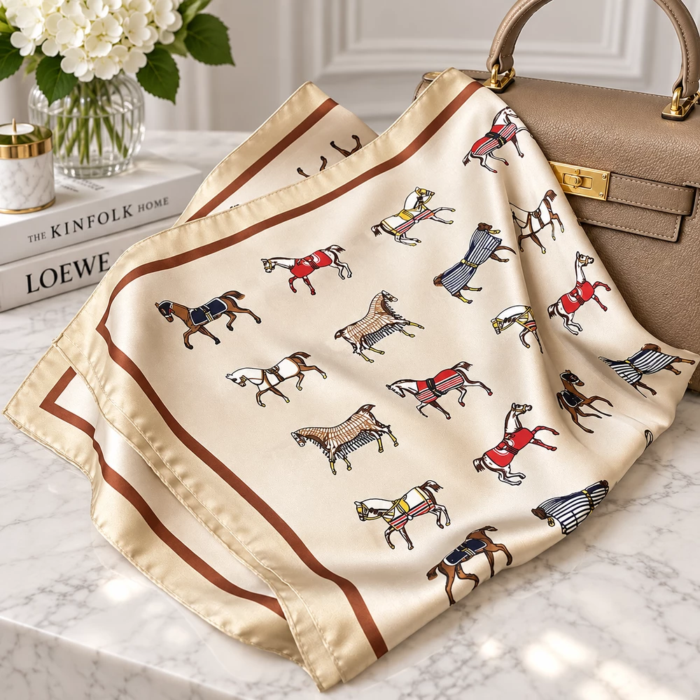 Loriner Vintage Ladies Horse Print Satin Scarf 70x70cm - Beige in Beige