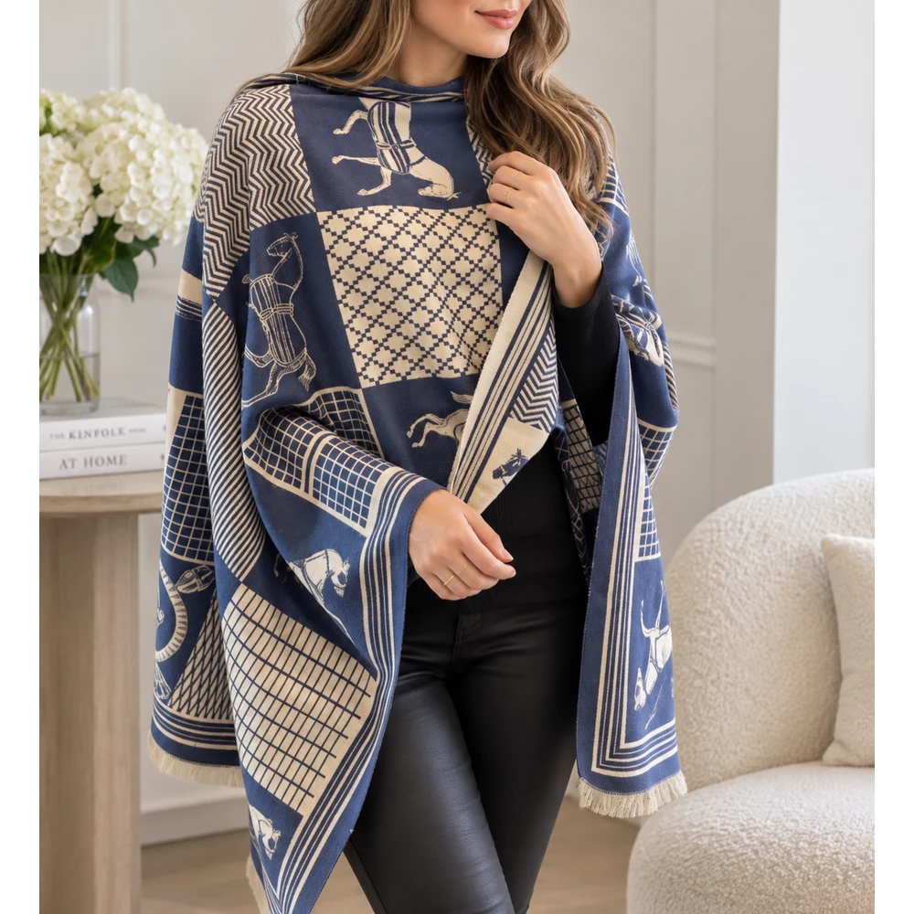 Loriner Luxury Vintage Equestrian Horse Scarf Large Wrap Shawl Blue in Blue