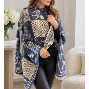 Loriner Luxury Vintage Equestrian Horse Scarf Large Wrap Shawl Blue in Blue